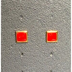 Square Diamond Pierced Earrings 3/8 In Red Enamel Gold Retro Vintage Classic